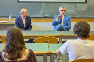 A photo of Estonia’s Ambassador to the United States, Kristjan Prikk (right), engaging students at Vanderbilt University.