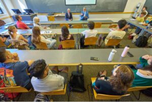 A photo of Estonia’s Ambassador to the United States, Kristjan Prikk (right), engaging students at Vanderbilt University.