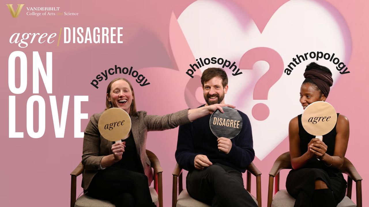 video thumbnail, three faculty seated holding "agree disagree" signs, heart with questionmark background