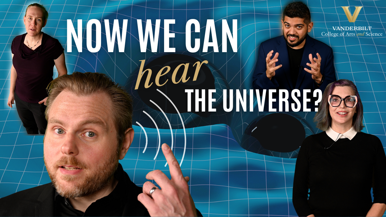 video thumbnail, three professors with an image of gravitational waves. Alt text: "Now we can hear the universe?"