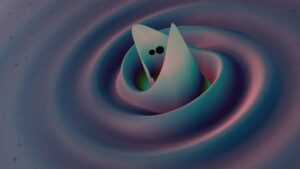 An artistic rendering of gravitational waves being sent out by two black holes pre-collision