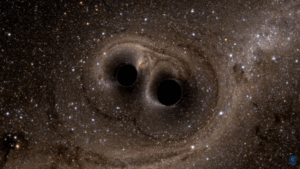 A computer simulation of two black holes colliding created by researchers from LIGO, the California Institute of Technology, and the Massachusetts Institute of Technology.
