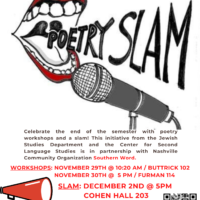 Flyer for the JS Poetry Slam - A red lipped mouth yells into a microphone surrounded by event information, which can be found in the main body of the post